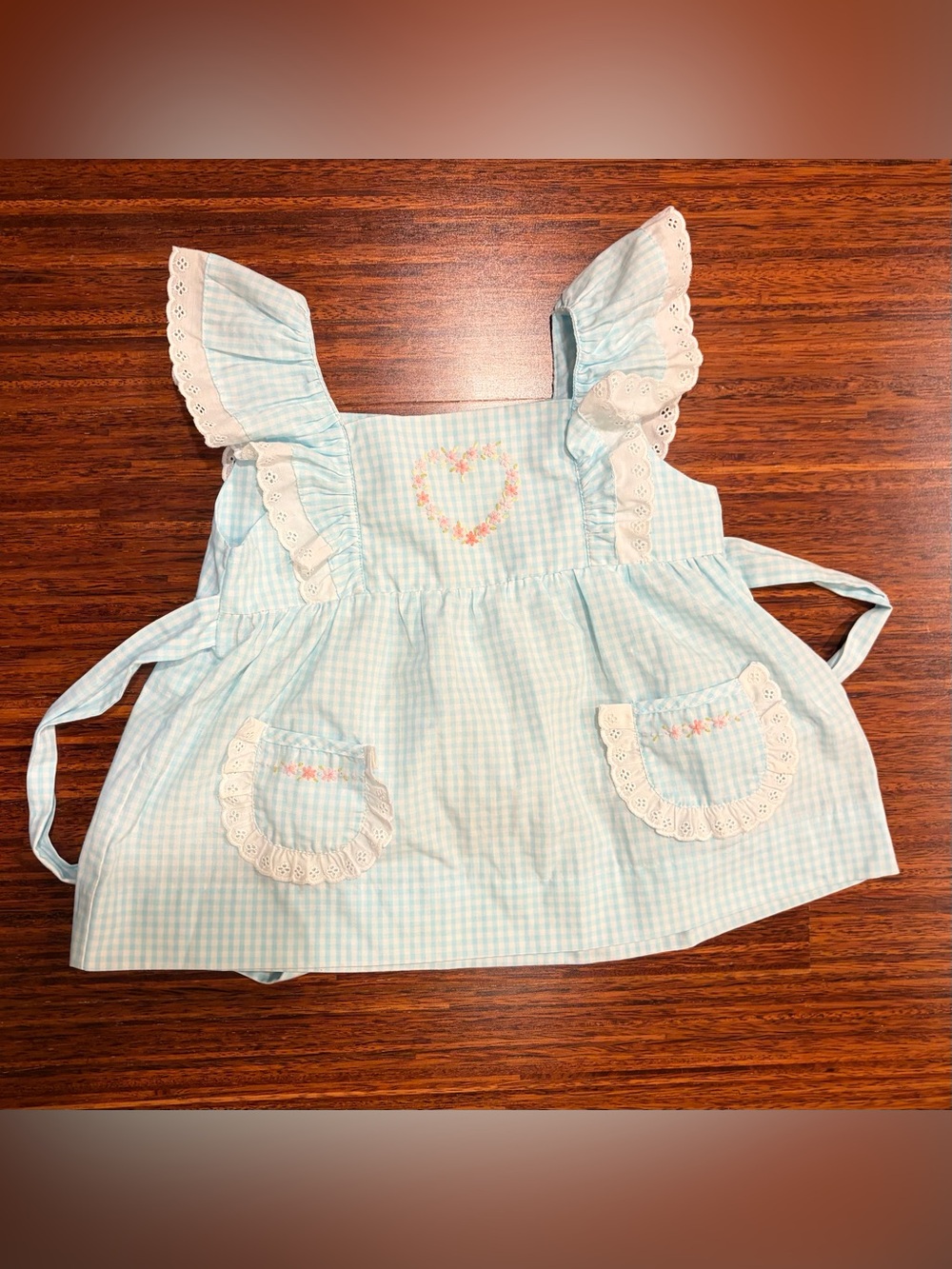 REMEMBER NGUYEN embroidered smocked apron dress top size 3T blue white gingham